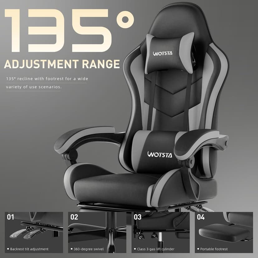 Gaming Chair with Footrest, Ergonomic Gaming Chair, Computer Chair with Lumbar Support, Headrest, Height Adjustable PC Chairs with 360° Swivel Seat for Office or Gaming BlackGrey