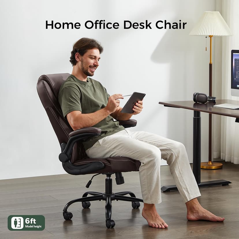 amseatec Office Chair, Executive PU Leather Chair, Ergonomic Computer Desk Chair with Lumbar Support and Adjustable Flip-Up Arms, Rocking Task Chair (Brow