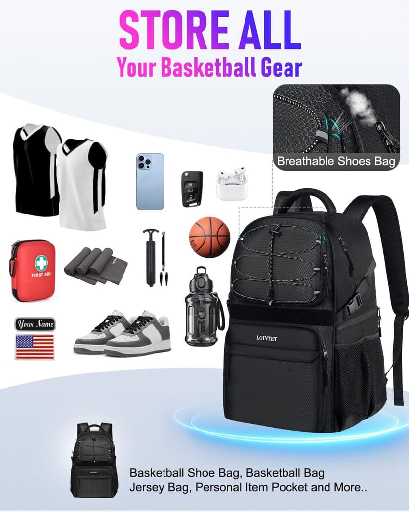 LOINTET Basketball Bag Backpack with Ball Holder Shoes Compartment, Large Basketball Accessories Sports Bag