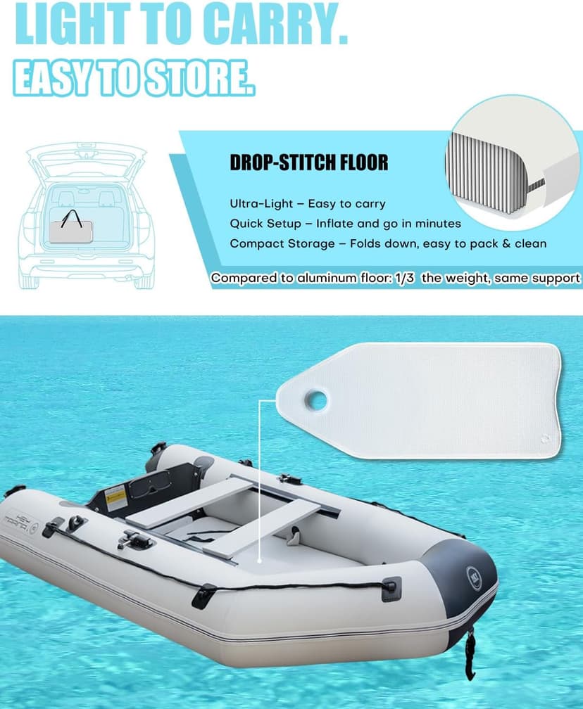 Inflatable Dinghy Boat with Drop-Stitch Floor 10ft Portable Inflatable Boat for 3-4 Adults, Motor Compatible, Heavy-Duty PVC, Ideal for Fishing, Cruising, and Rescue Use