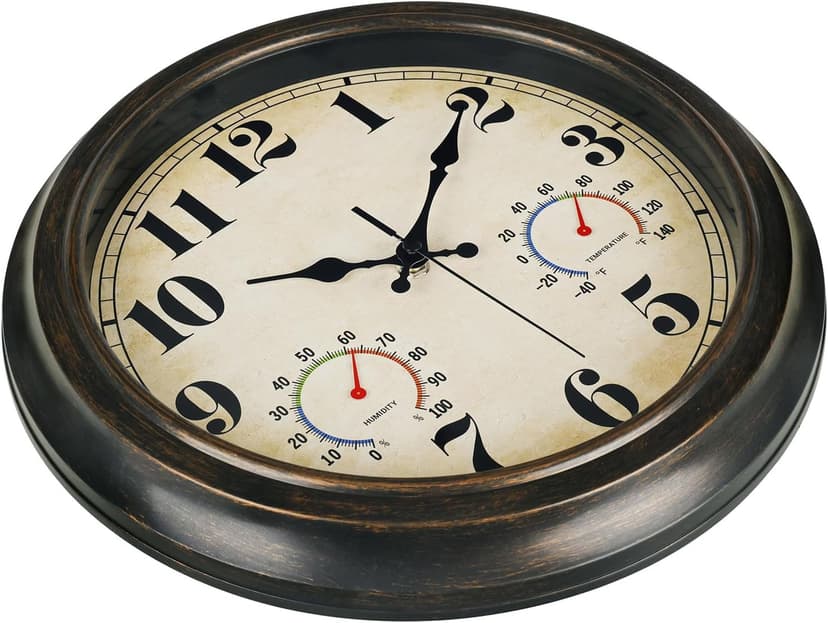 zyzamay 13 Inch Outdoor Clock with Thermometer and Hygrometer, Waterproof and Silent, Large Easy-to-Read Numbers, Ideal for Bedroom,Office,Living Room,Porch,Garden,Pool(BlackGold)