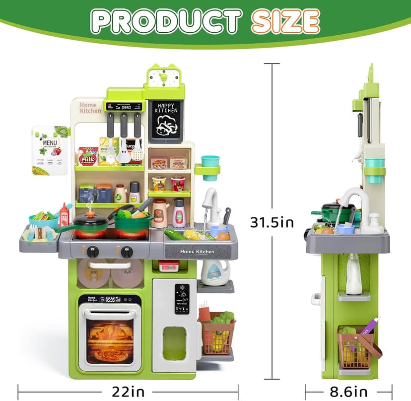 Kids Play Kitchen Set, Toddler Kitchen Playset with Sound & Light, Cooking Stove with Steam, Play Sink, Play Food Toy and Kitchen Accessories, Kitchen Toy for Kids Girls Boys (31.5 * 22 * 8.6in)