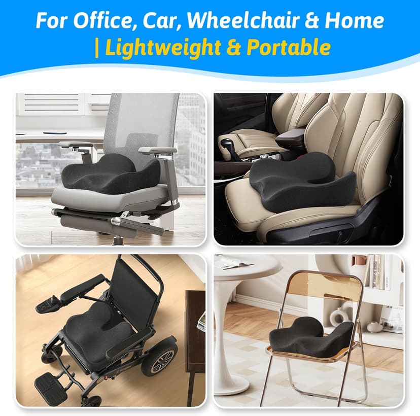 Seat Cushion for Tailbone & Sciatica Pain Relief – Certified & Ergonomist-Designed – Tapered Front Edge Reduces Thigh Pressure – Wide Memory Foam for Office Chair, Car, Wheelchair (Gray)