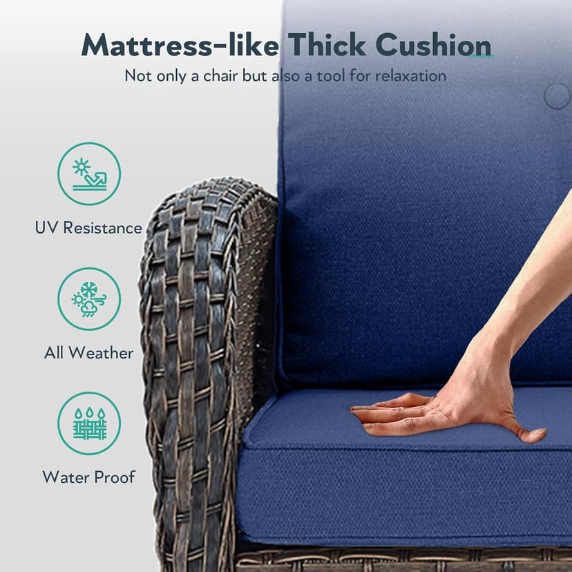 2 in 1 Porch Glider Swivel Chair - Wicker Patio Furniture Outdoor Swivel Rocker Chair with Thick Cushion, 300 Lb Weight Capacity Patio Swivel Glider Seating - Brown Wicker, Blue Cushion