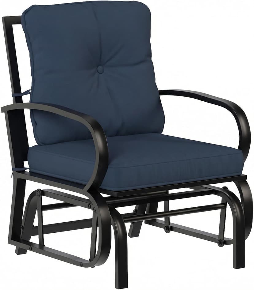 Outsunny Patio Glider, Outdoor Glider Chair with Cushions, Steel Frame, Curved Armrests, Single Gliding Chair for Yard, Porch, Garden, Poolside, Dark Blue
