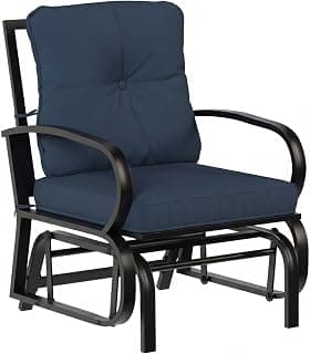 Outsunny Patio Glider, Outdoor Glider Chair with Cushions, Steel Frame, Curved Armrests, Single Gliding Chair for Yard, Porch, Garden, Poolside, Dark Blue