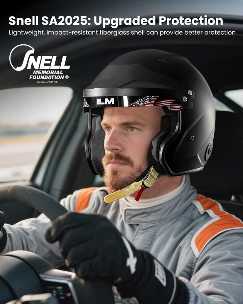 ILM Snell SA2025 Open Face Auto Racing Helmets for Men and Women Model R85(L, MatteBlack)