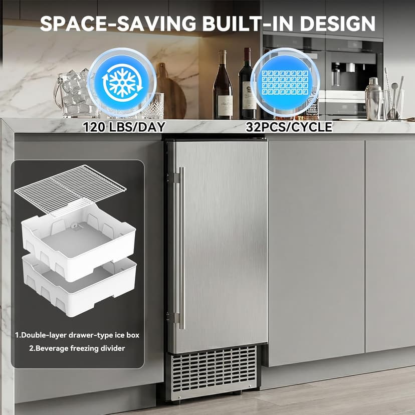 SOZT® Under Counter Ice Maker with Refrigerator Function, 120LBS/24H Commercial Ice Machine, No-Melt Ice Storage, 24H Timer & Self-Cleaning, Built-in/Freestanding for Home Bar Cafe Restaurant