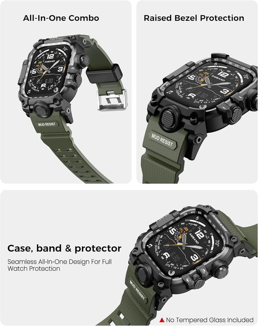 amBand Rugged Case with Band for Apple Watch 46mm, Compatible with Apple Watch (iWatch) Series 10 11, Military Grade Shockproof Bumper Cover, Tactical Band for Men, Army Green