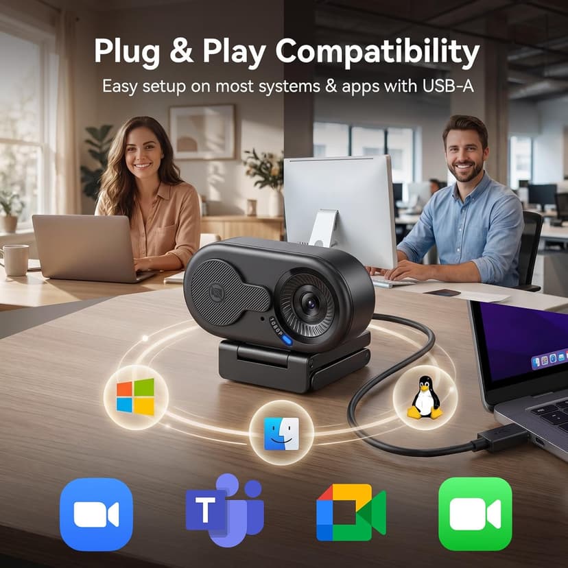 EMEET C100 1080P Webcam for PC, Fixed Focus, 66° FOV, Built-in Mic, Privacy Cover, Portable Metal Clip, Computer Camera for Home Office, Online Learning, Meetings, Streaming, Desktop, Laptop, PC USB-A