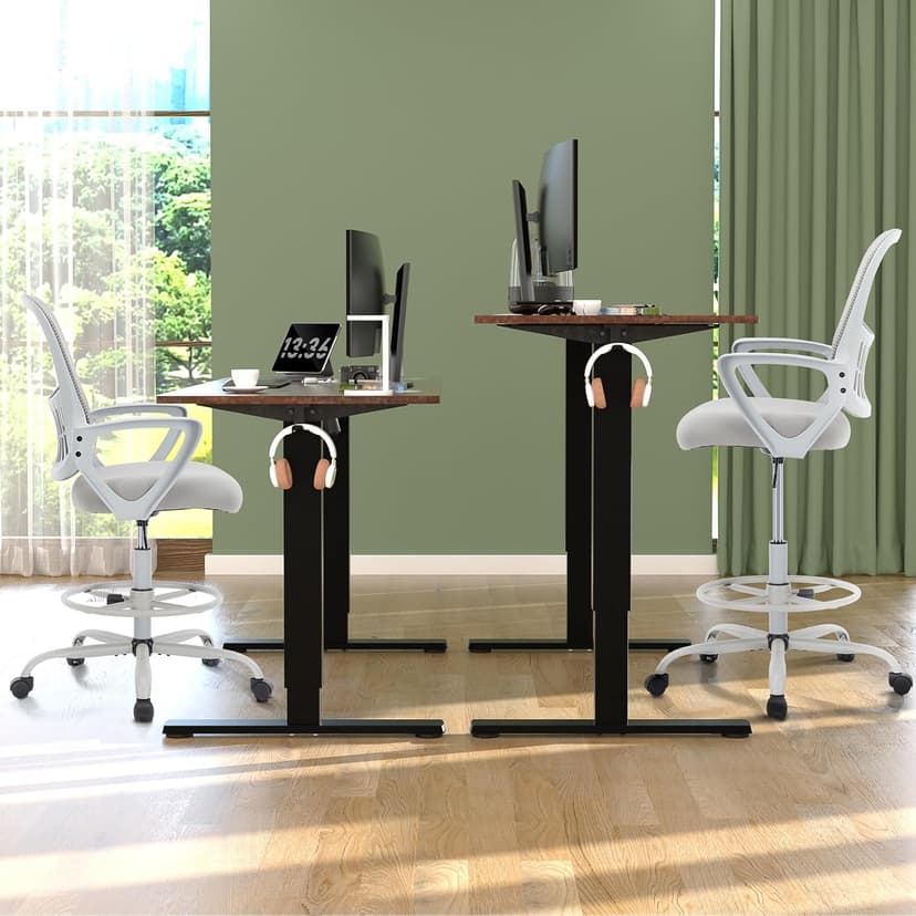 DUMOS Drafting Chair - Ergonomic Tall Office for Standing Desk, Counter with Height Adjustable and Comfortable Lumbar Support, Fixed Armrests, Grey