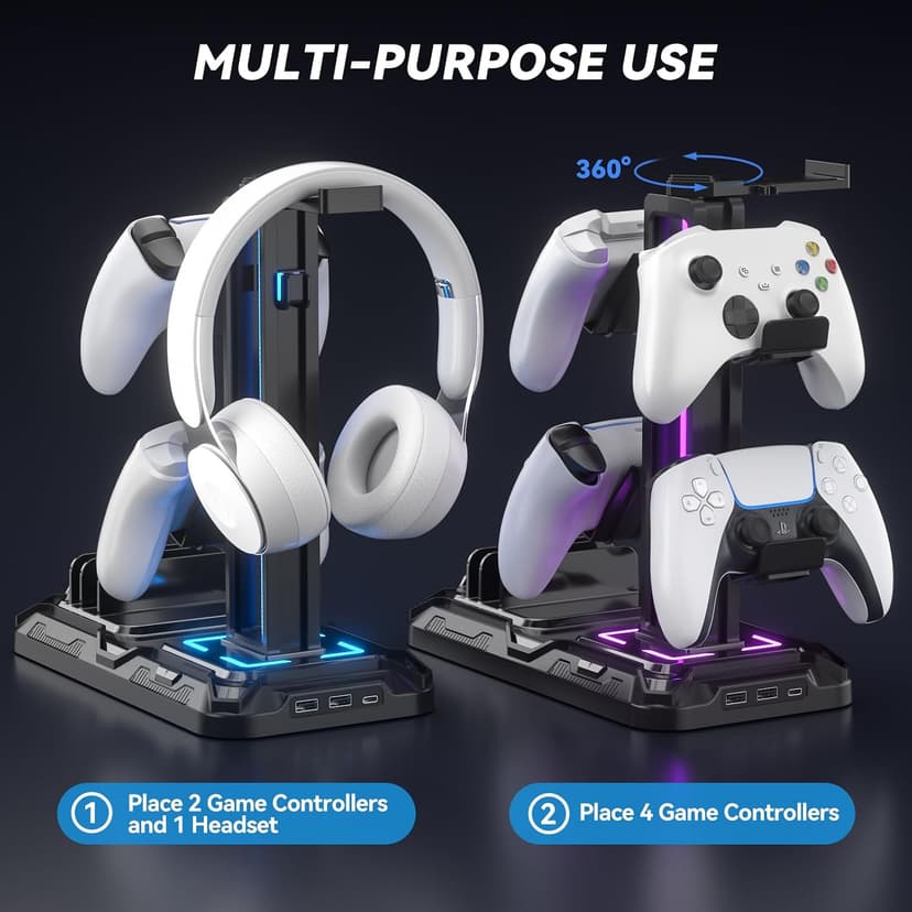 KDD Headset Stand with Charging Station - Detachable Controller Holder with 9 Light Modes - Rotatable Headphone Hanger with USB A&C Charger Ports - Earphone Hook for PC Gaming Accessories Storage B0DGGH8KN1