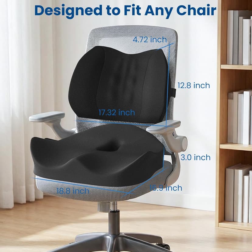 Seat Cushion Lumbar Support Pillow for Office Chair, X Large Memory Foam Chair Cushions for Sciatica Tailbone Pain Relief Coccyx Pad for Wheelchair, Car, Home, Office, Desk