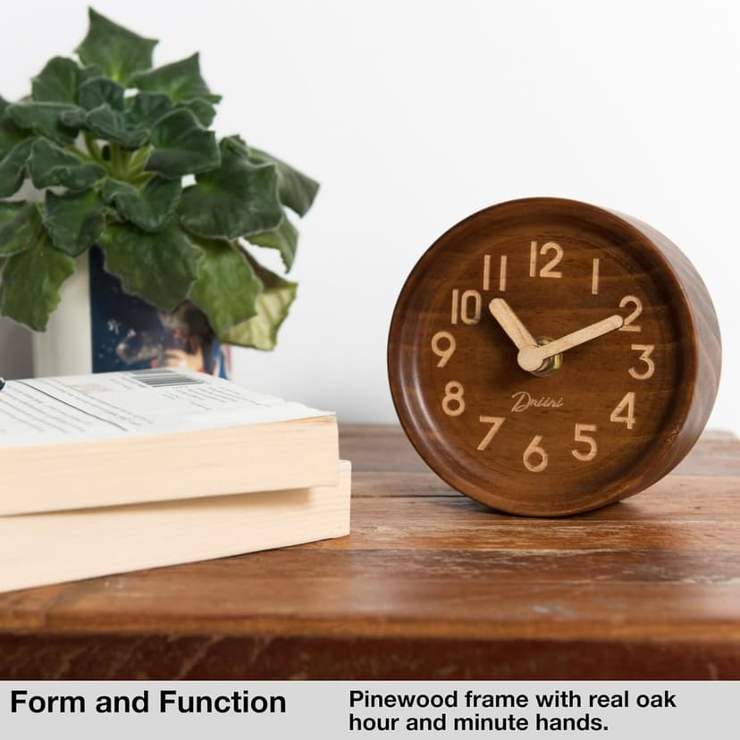 Driini Wooden Analog Desktop Clock – 4.3 in. Decorative Pinewood, No-Tick Design – Easy to Read Silent Sweep Mantle Clock – Quiet Tabletop Clocks with Wood Body, Hands, & Battery Cover; Dark