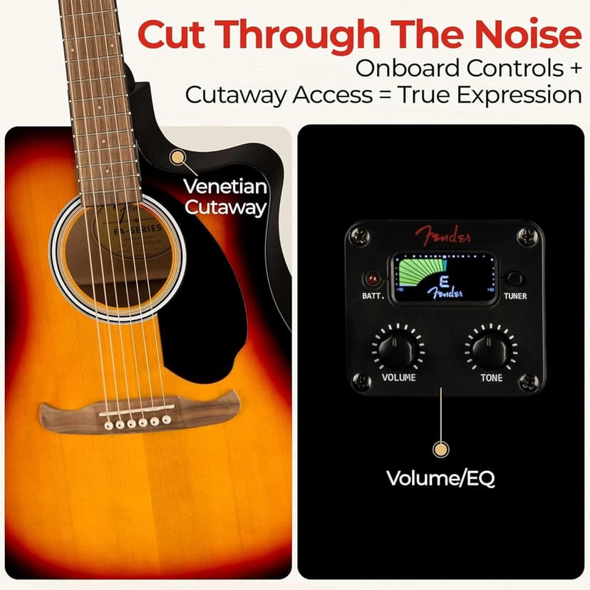 Fender FA-125CE Dreadnought Cutaway Acoustic-Electric Guitar - Sunburst Bundle with Gig Bag, Strap, Strings, Picks, and Austin Bazaar Instructional DVD