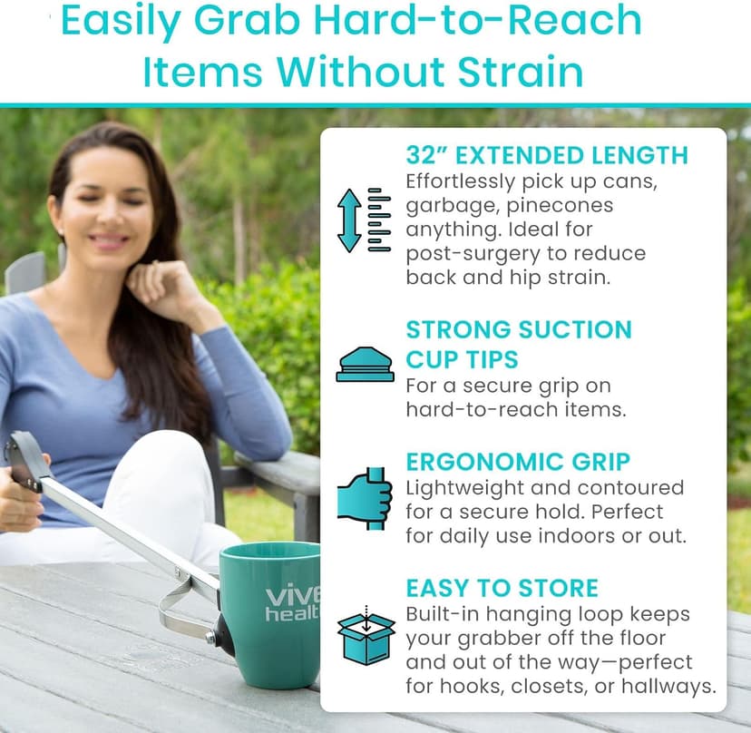 Heavy Duty for Seniors - Trash, Sticks, Litter Picker Upper - Extra Long Reach Handle & Handy Extension Arm Claw Vive Suction Cup Grabber Reacher 32" - Elderly Grab It Reaching Pickup Tool B00O47ILVA