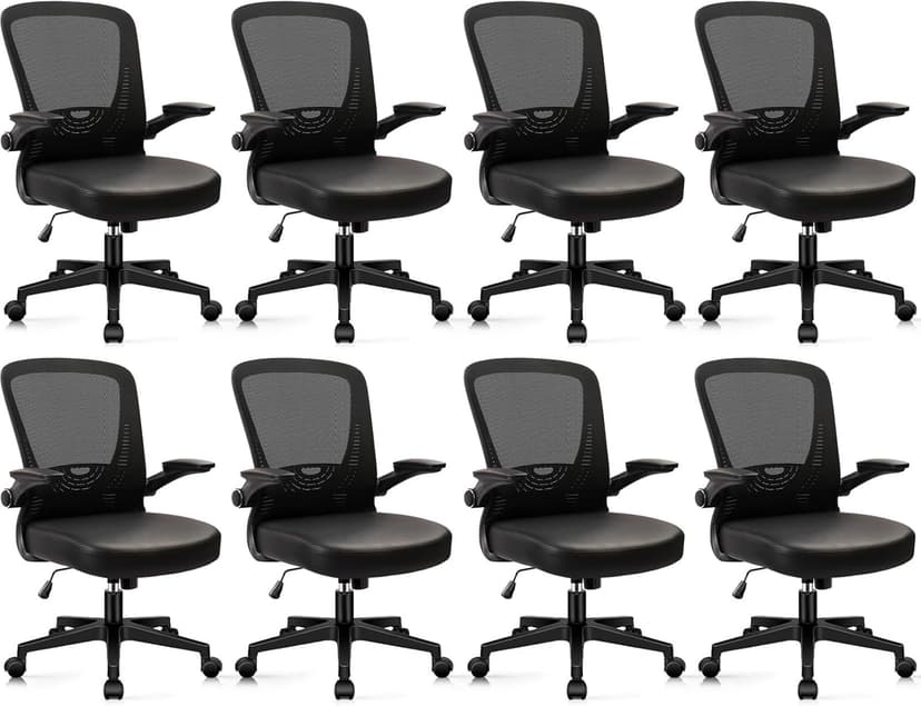 CLATINA Desk Chairs with PU Leather Seat, Flip Up Arms Ergonomic Mesh Back Office Chair with Lumbar Support, Adjustable Height Swivel Rolling Computer Chairs for Home Conference Meeting, Black, 8 Pack