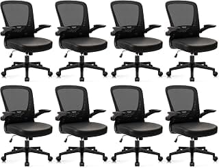 CLATINA Desk Chairs with PU Leather Seat, Flip Up Arms Ergonomic Mesh Back Office Chair with Lumbar Support, Adjustable Height Swivel Rolling Computer Chairs for Home Conference Meeting, Black, 8 Pack