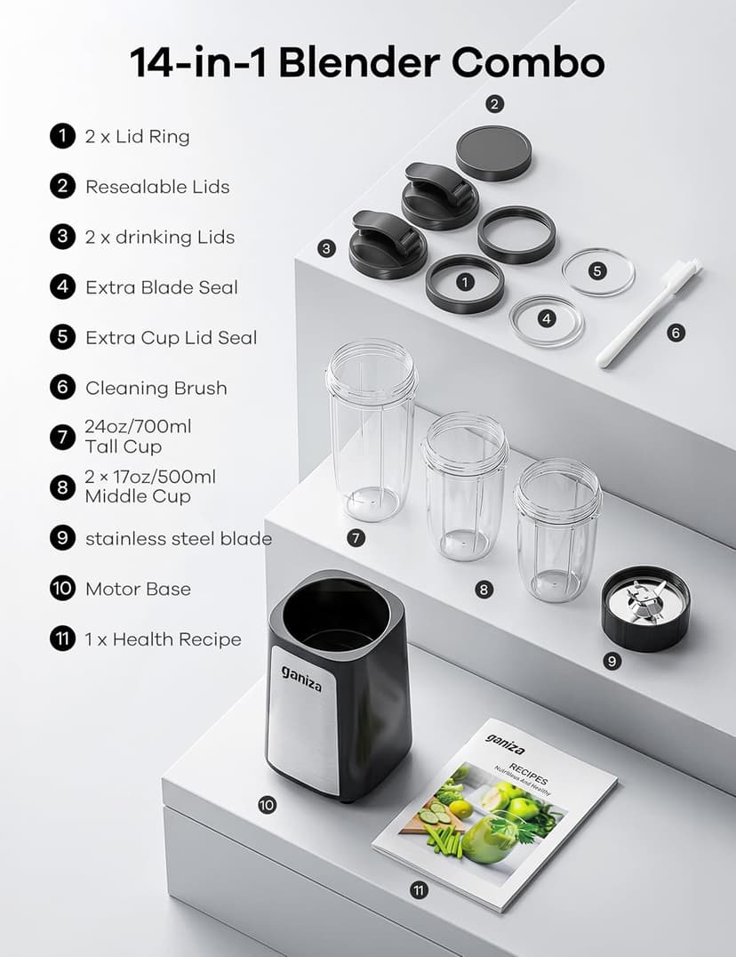 With 3 Portable Cups (1*24oz & 2*17oz), Peak Power 900W Single Serve Smoothie Maker for Kitchen, BPA-Free, Nutritious Recipe Ganiza Smoothie Blender, 14Pcs Portable Personal Blender Shakes & Smoothies B0DJM4QW9B