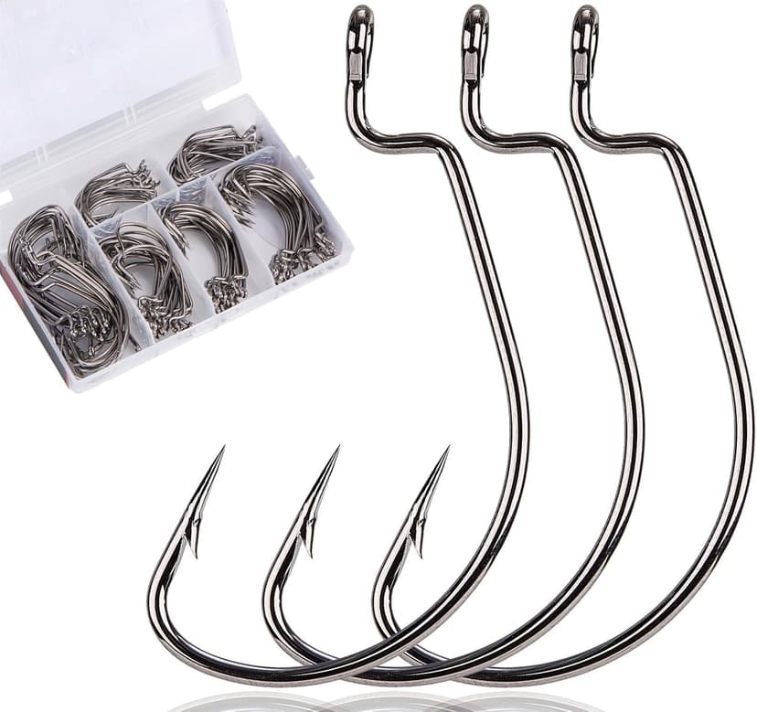 FINOSEAK 120Pcs Bass Hooks Set, Strong Offset Bass Fishing Hooks Freshwater Barbed Sharp Worm Hooks for Texas Rigging Fishing Extra Wide Gap 6 Sizes Assorted #1 1/0 2/0 3/0 4/0 5/0