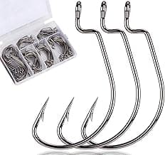 FINOSEAK 120Pcs Bass Hooks Set, Strong Offset Bass Fishing Hooks Freshwater Barbed Sharp Worm Hooks for Texas Rigging Fishing Extra Wide Gap 6 Sizes Assorted #1 1/0 2/0 3/0 4/0 5/0