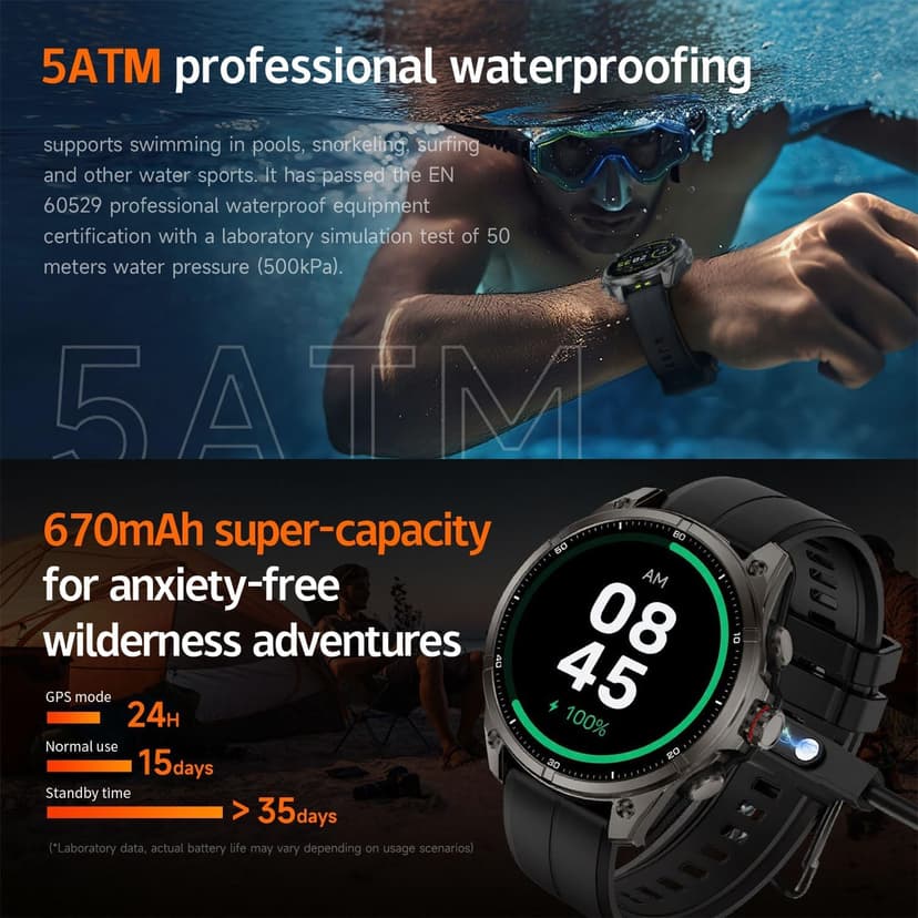 afoloery GPS Running Watch and Outdoor Smartwatch, AMOLED Display, Built-in LED Flashlight,Multisport GPS Smartwatch,5ATM Waterproof,Fitness Tracker up to 15 Days of Battery