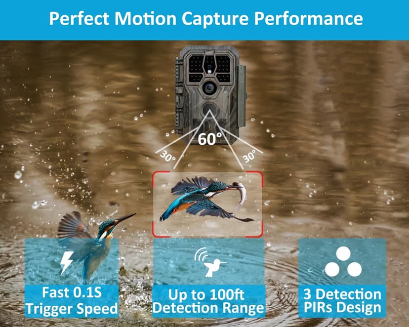 GardePro E5S Trail Camera (Non-Cellular, Non-WiFi), 64MP Photo & 1296P HD Video, 0.1s Trigger, 100ft No-Glow Night Vision, Motion Activated Wildlife Camera