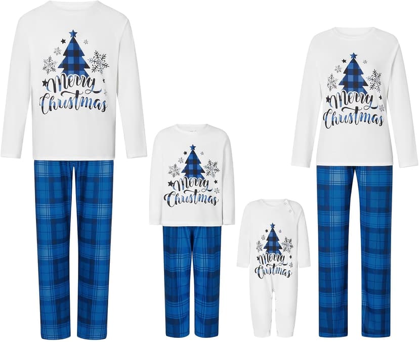 Awoscut Christmas Family Matching Pajamas Sets Christmas PJ's Letter Print Top and Plaid Pants Jammies Sleepwear