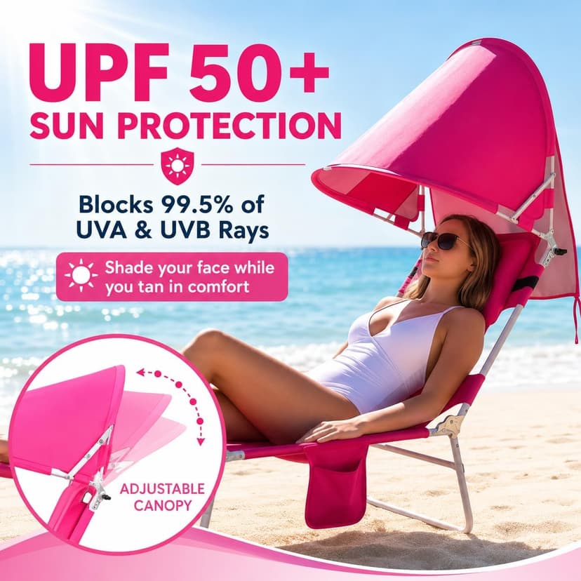 Backpack Beach Tanning Lounge Chair with Canopy Shade Face Hole Padded Adjustable Washable, 6 Position Layout Chair for Outside Sunbathing Poolside Lawn, UPF 50+ Wind-Resistant Sun Shade, Patented