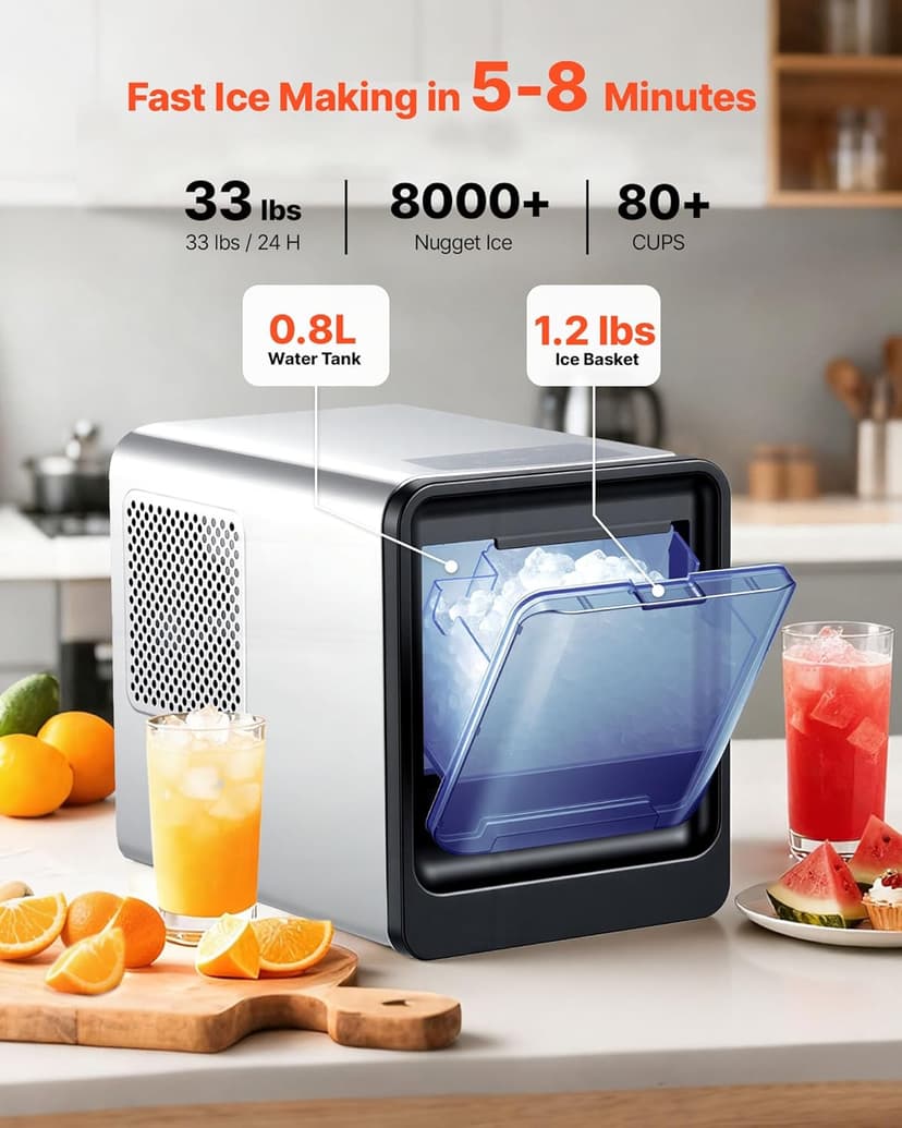 VEVOR Countertop Ice Maker, 33 lbs per Day, Self-Cleaning Portable Machine with Scoop, Drawer-Style Ice Access, Nugget Ice-Making Machine with Chewable ICES for Home, Kitchen, Office, Bar & Party