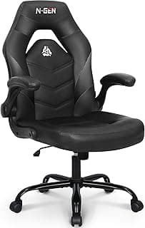 N-GEN Video Gaming Chair Ergonomic Computer Desk Office Chair with Lumbar Support Adjustable Height Swivel Wheels Flip-Up Arms PU Leather Home and Office (Black)