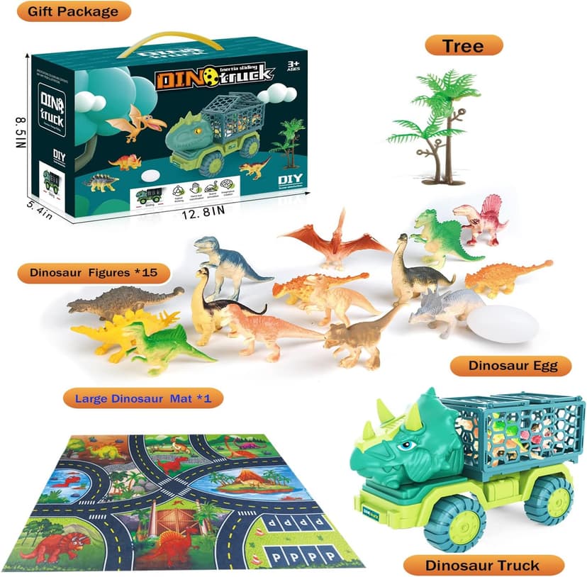 Dinosaur Truck Toys for Kids 3-5, Triceratops Car Toy with 15 Dino Figures,Large Activity Play Mat, Dinosaur Eggs, Dinosaur Play Set for Boys and Girls,Christmas Xmax,Stocking Stuffers
