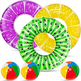 6 Pack Pool Floats Kids, 3 Pcs Inflatable Fruits Swim Tubes Rings & 3 Pcs Rainbow Beach Ball Bulk, Summer Pool Floaties for Kids Adults Swimming Float Toy Hawaiian Party Beach Water Fun Game