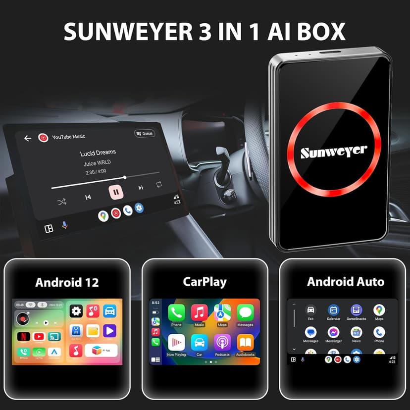 Sunweyer Wireless CarPlay Adapter Car Streaming Device Ai Box Support Netflix, YouTube, Hulu, Disney+, Android Auto Wireless Adapter with LED Ambient Light, Easy to Setup 3 in 1, Dual WiFi Bluetooth