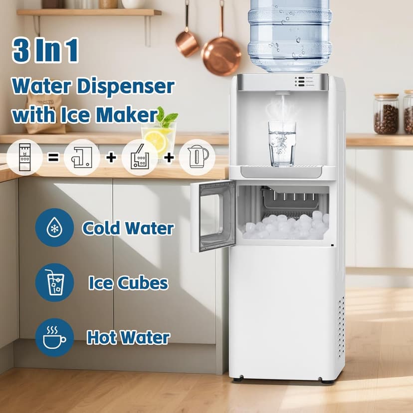 4 in 1 Water Cooler Dispenser with Ice Maker, Hot & Cold Water Dispenser for Home & Office, 33lbs/24H Bullet Ice, Top Loading 3-5 Gallon, Child Safety Lock, Ice Ready in 7 Mins (White)