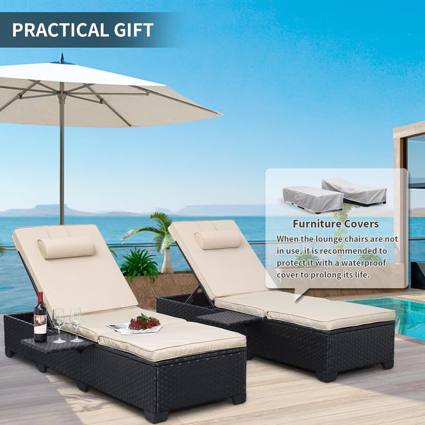 WAROOM Outdoor Chaise Lounge Chairs for Outside Patio Furniture Set of 2 Wicker Recliner Black Rattan Sunbathing Lounger Adjustable Backrest Pool Reclining Chair, Khaki Cushion