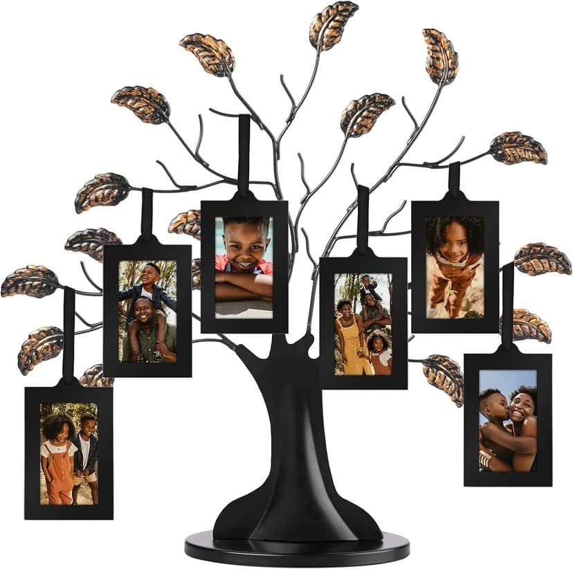 Americanflat Family Tree Picture Frame - Includes 6 Hanging 2x3 Picture Frames - Adjustable Ribbon Tassels - Ideal as Mother’s Day Gifts, Birthday Gifts, or Christmas Decor - Black and Bronze