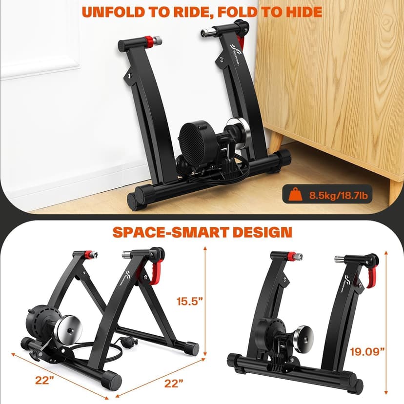 Sportneer Bike Trainer - Magnetic Stationary Bike Stand for 26-28" & 700C Wheels - Adjustable 6 Level Resistance Bike Trainer Stand for Indoor Riding with Quick Release Lever & Front Wheel Riser Block