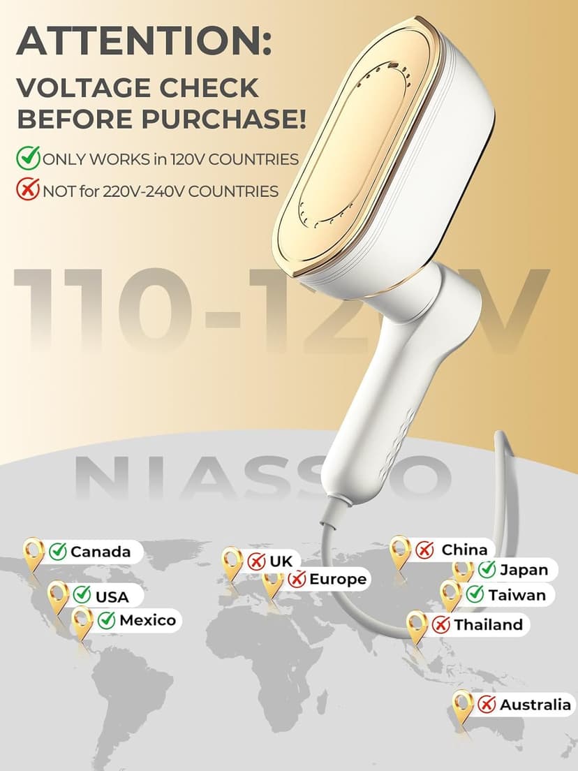 NIASSO Portable Travel Steamer, 1200W Handheld Fabric Steamer for Clothes, 4 Modes with LCD Display, Powerful Wrinkle Remover for Home & Travel, 150ml Water Tank, 10S Fast Heat-Up, 180° Swivel Handle