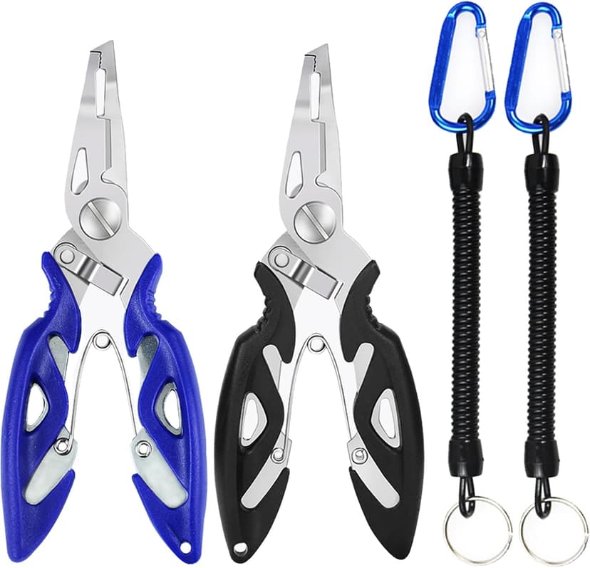 Fishing Pliers, Stainless Steel Fish Hook Remover 2PCS, Multi-Function Fishing Line Cutter Split Ring Opener, Fishing Braid Scissors Gear Accessories Fish Gripper with Lanyard Fly Fishing Tool
