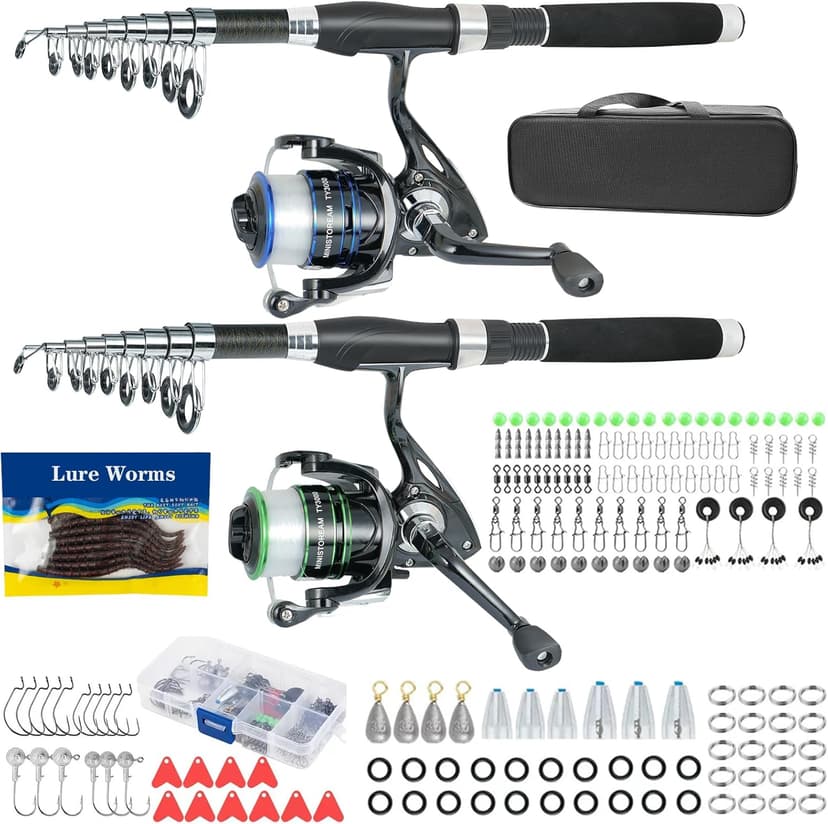 Fishing Pole Combo,2PCS 6.89ft Carbon Fiber Fishing Rods,Spinning Reels 170Pcs Worm Lure Kit Texas-Rigs-for-Bass Carrier Bag for Travel Freshwater