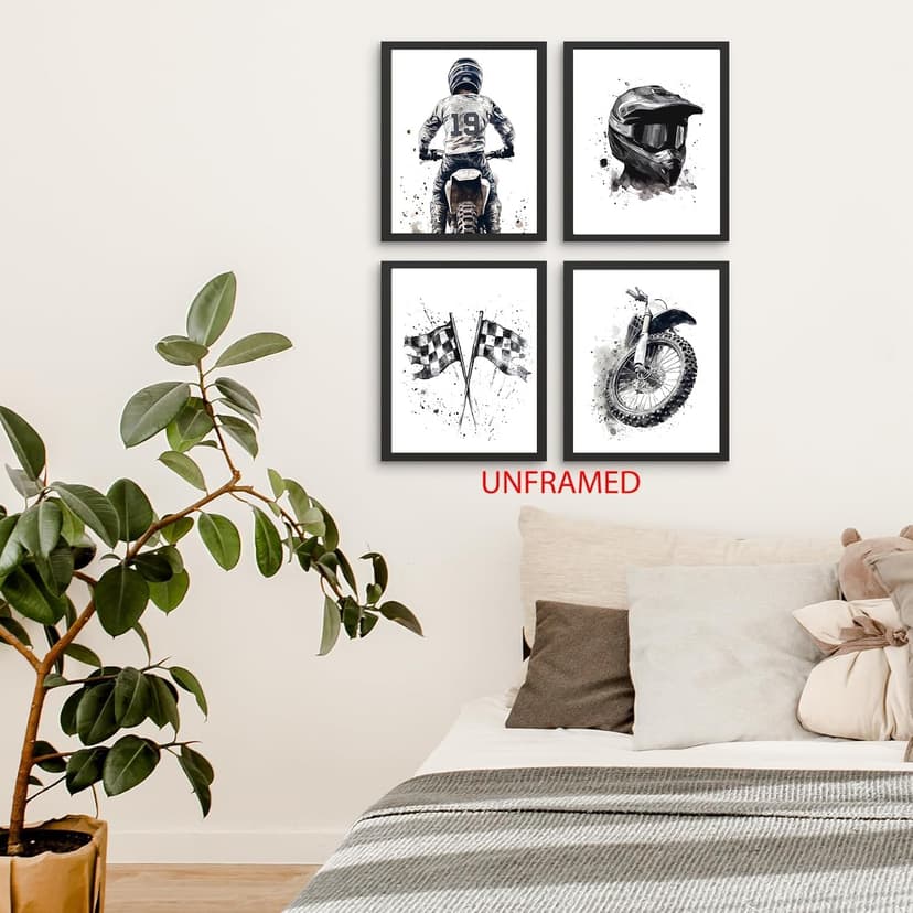 Motocross Wall Art MotoBike Art Prints Boy Room Decor Black&White Motorcycle Dirt Bike Motorcycle Helmet Canvas Pictures Artwork for Nursery Decor Kids Room Wall Decor,Set of 4(8”X10”inch,Unframed).