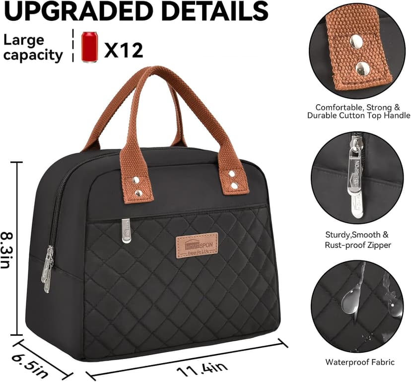 HOMESPON Insulated Lunch Bag for Women Men Adults Lunch Tote with Front Pocket Lunch Box Container Cooler Bag for Work Picnic (Black)