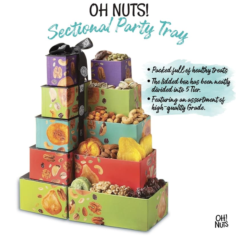 Oh! Nuts Dried Fruit and Nuts Gift Basket Tower with Black Ribbon Gift Basket, 5 Tier Gourmet Arrangement Platter, Healthy Kosher Snack Box for Birthday, Anniversary