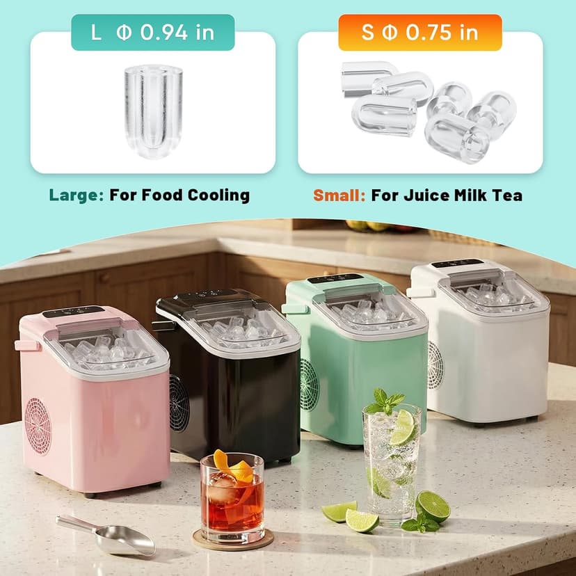Sweetcrispy Countertop Ice Maker with Scoop, Basket and Handle, Portable Ice Machine 9 Ice Cubes Ready in 6 Mins, 26.5lbs in 24Hrs, 2 Sizes for Home Kitchen Office Bar Party
