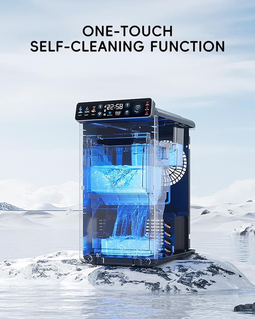 ecozy Ice Makers Countertop, Ultra Slim Design with Full-Color Panel, Internal Lights, 26 lbs/24H, Timer Ice Making, Two Ice Sizes, Portable Self-Cleaning Ice Machine for Home/Kitchen/RV