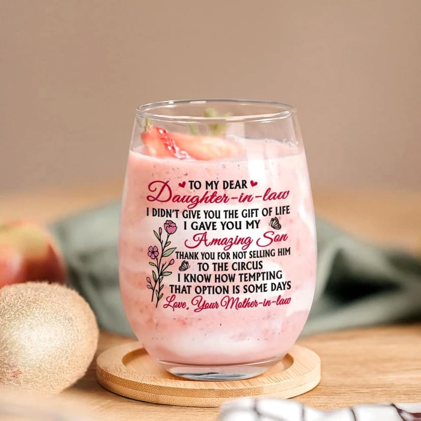 Futtumy Funny Daughter in Law Gifts, To My Dear Daughter-in-laws Stemless Wine Glass for Son's Wife, Mothers Day Birthday Christmas Gifts from Mother-In-Laws, 17 oz