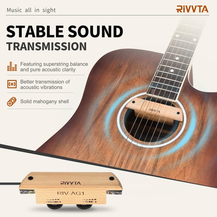 RIVVTA Acoustic Guitar Pickup Guitar Pickups Acoustic Pickup with Volume Tone Control for Standard Steel String Acoustic Guitars(Natural Beech)