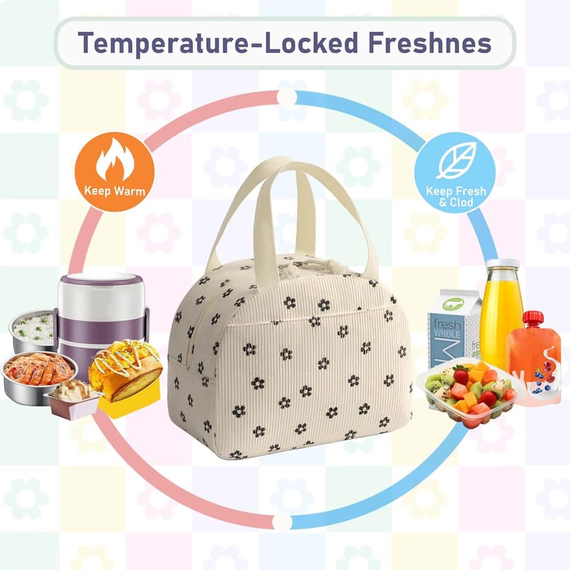 Baglemon Lunch Bag for Women Men Cute Corduroy Lunch Tote Bags Reusable Insulated Lunch Box Large Capacity Reusable Insulated Cooler for Work/Picnic/Travel