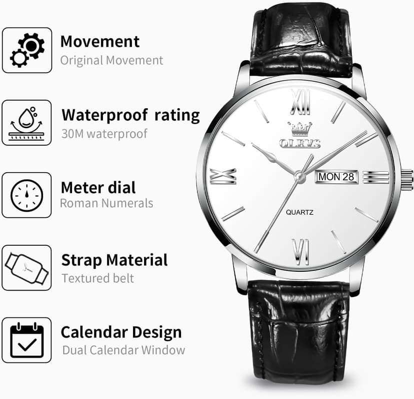OLEVS Men’s Watches Waterproof Dress Minimalist Analog Quartz Stainless Steel Casual Men’s Wrist Watch with Day Date, Classic Luxury Elegant Roman Numerals Dial Big Face Relojes para Hombres